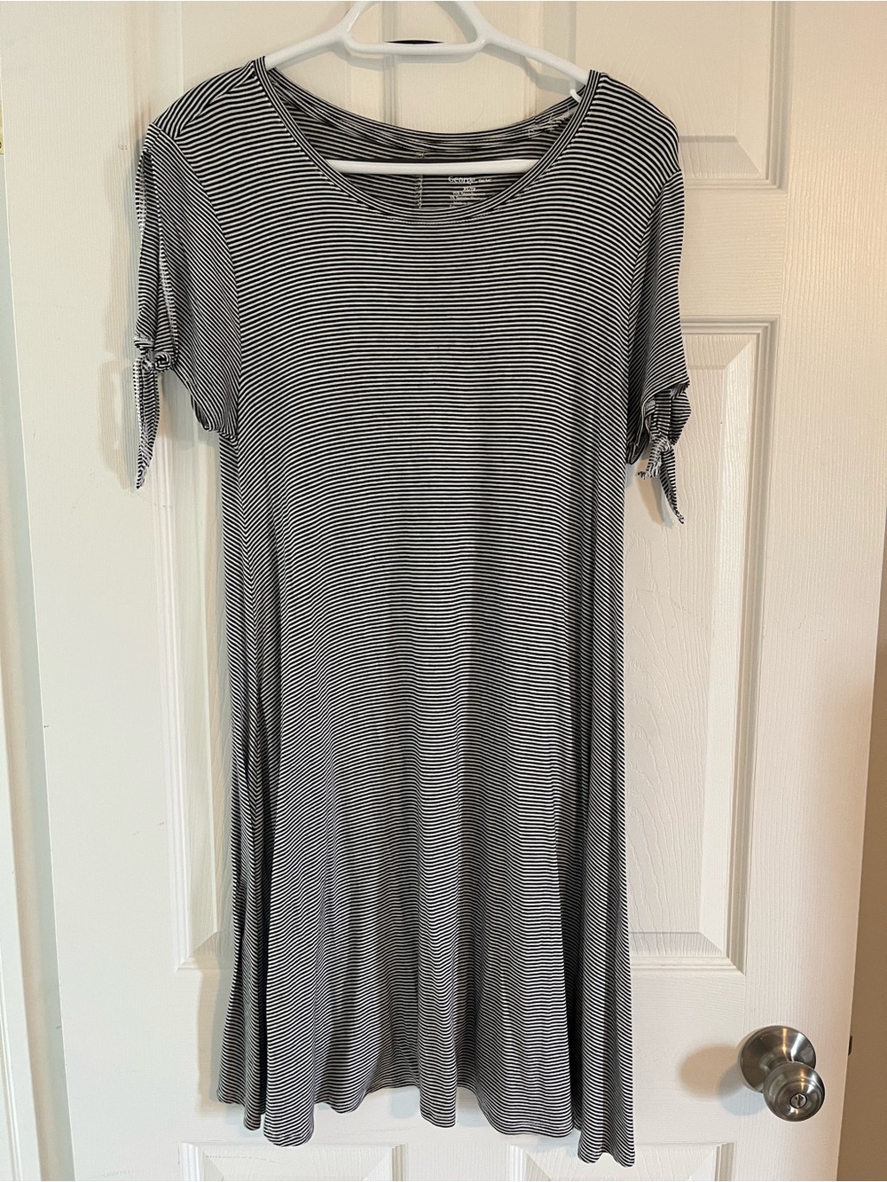 George Black and White Striped Midi Dress with Tie Sleeves